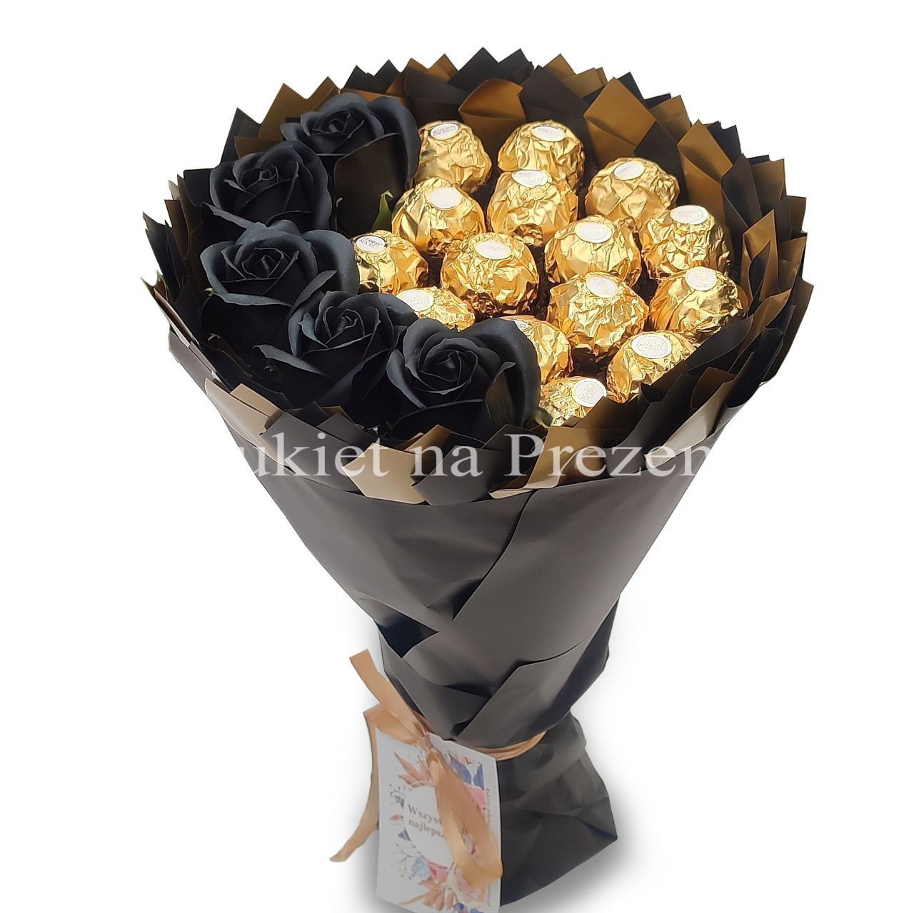 Ferrero Rocher Roz Słodki bukiet czarny i złoty ze słodyczy Ferrero Rocher i 5 mydlanych ...