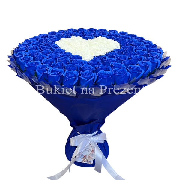 BUKIET 101 GRANATOWYCH R&Oacute;Ż MYDLANYCH Z BIAŁYM SERCEM DLA DZIEWCZYNY KOBIETY DUŻY MEGA PREZENT NA URODZINY ROCZNICĘ ŚLUBU PREMIUM FLOWER BOX mydlany kwiaty mydlane r&oacute;że