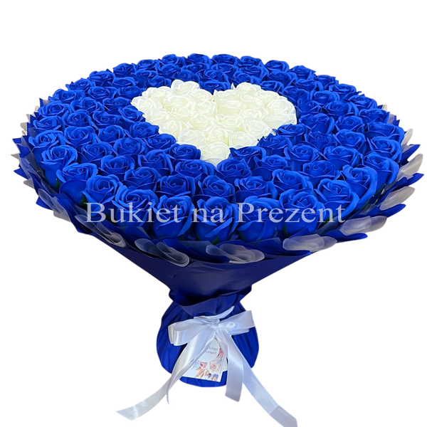 BUKIET 101 GRANATOWYCH R&Oacute;Ż MYDLANYCH Z BIAŁYM SERCEM DLA DZIEWCZYNY KOBIETY DUŻY MEGA PREZENT NA URODZINY ROCZNICĘ ŚLUBU PREMIUM FLOWER BOX mydlany kwiaty mydlane r&oacute;że
