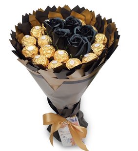 Słodki bukiet czarny i złoty ze słodyczy Ferrero Rocher i 5 mydlanych róż w środku (średnica 20 cm)