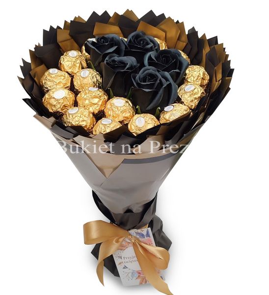 Słodki bukiet czarny i złoty ze słodyczy Ferrero Rocher i 5 mydlanych róż w środku (średnica 20 cm)