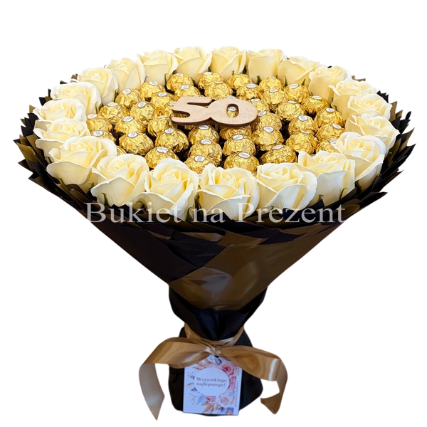 Prezent na 50 Urodziny lub Rocznicę Ślubu, Imeniny, Ślub, Wesele. Słodki bukiet Ferrero Rocher i r&oacute;że mydlane.