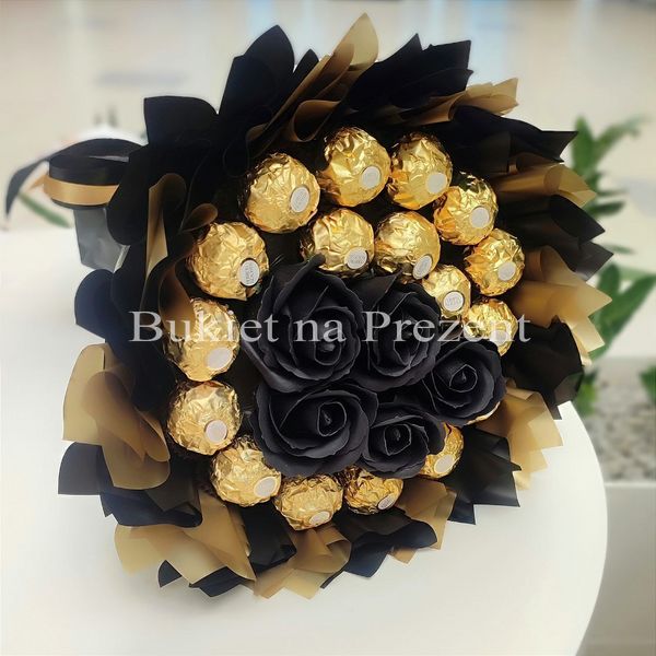 Słodki bukiet czarny i złoty ze słodyczy Ferrero Rocher i 5 mydlanych róż w środku (średnica 20 cm)