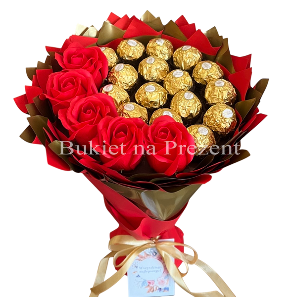 Сладкий съедобный букет красно-золотой с конфетами Ferrero Rocher и 5 мыльных роз (диаметр 20 см) bgs007 czerwony i złoty (5 r&oacute;ż) фото