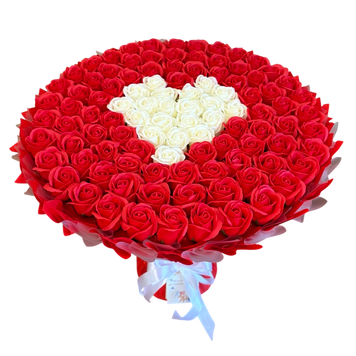 BUKIET 101 CZERWONYCH R&Oacute;Ż MYDLANYCH Z BIAŁYM SERCEM DLA DZIEWCZYNY KOBIETY DUŻY MEGA PREZENT NA URODZINY ROCZNICĘ ŚLUBU PREMIUM Z DOSTAWĄ FLOWER BOX mydlany kwiaty mydlane r&oacute;że