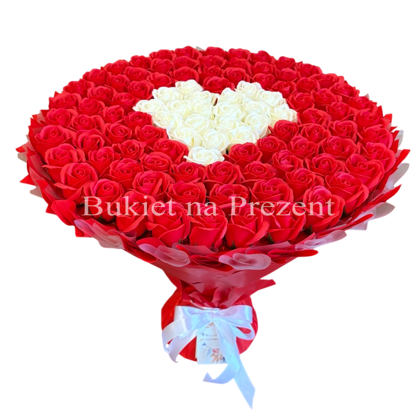 BUKIET 101 CZERWONYCH R&Oacute;Ż MYDLANYCH Z BIAŁYM SERCEM DLA DZIEWCZYNY KOBIETY DUŻY MEGA PREZENT NA URODZINY ROCZNICĘ ŚLUBU PREMIUM Z DOSTAWĄ FLOWER BOX mydlany kwiaty mydlane r&oacute;że