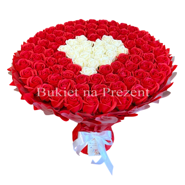 BUKIET 101 CZERWONYCH R&Oacute;Ż MYDLANYCH Z BIAŁYM SERCEM DLA DZIEWCZYNY KOBIETY DUŻY MEGA PREZENT NA URODZINY ROCZNICĘ ŚLUBU PREMIUM Z DOSTAWĄ FLOWER BOX mydlany kwiaty mydlane r&oacute;że