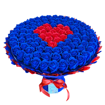 BUKIET 101 GRANATOWYCH R&Oacute;Ż MYDLANYCH Z CZERWONYM SERCEM DLA DZIEWCZYNY KOBIETY DUŻY MEGA PREZENT NA URODZINY ROCZNICĘ ŚLUBU PREMIUM Z DOSTAWĄ FLOWER BOX mydlany kwiaty mydlane r&oacute;że