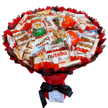 Słodki bukiet czerwony i czarny na urodziny ze slodyczy Kinder. Prezent Komunia (średnica 30 cm)