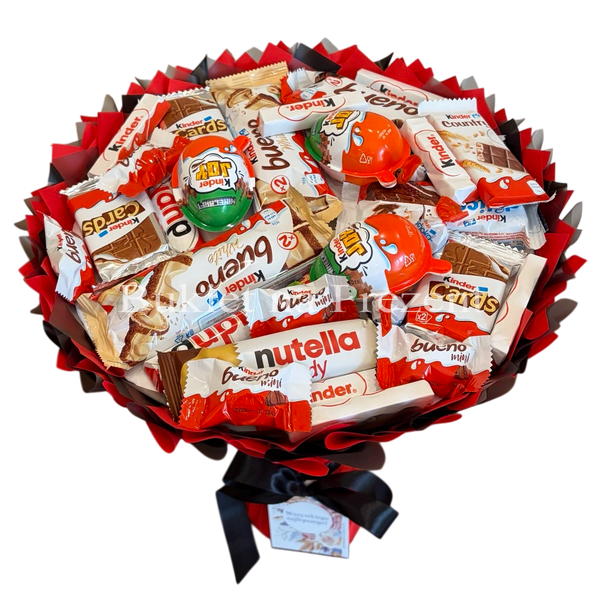 Słodki bukiet czerwony i czarny na urodziny ze slodyczy Kinder. Prezent Komunia (średnica 30 cm)