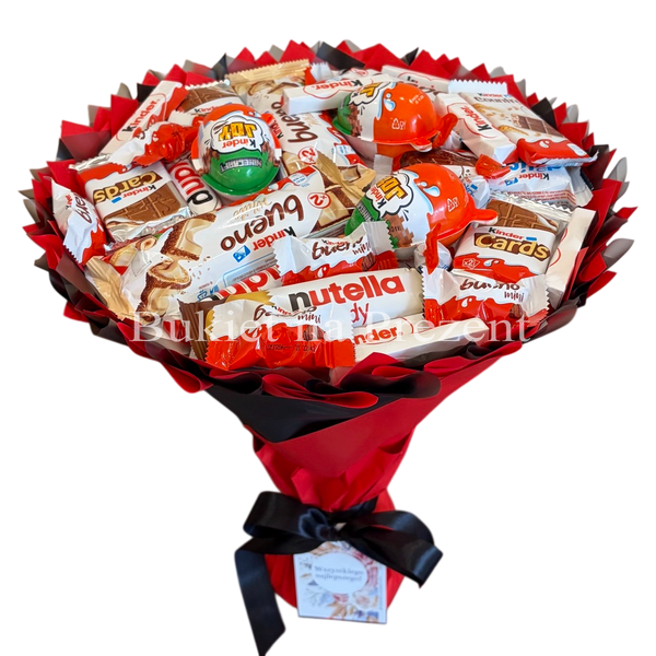 Słodki bukiet czerwony i czarny na urodziny ze slodyczy Kinder. Prezent Komunia (średnica 30 cm)