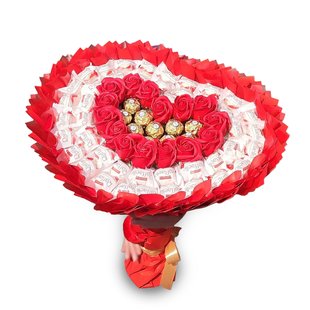 Mega bukiet ze słodyczy w kształcie serca z cukierkami Raffaello i Ferrero Rocher (rozmiar serca 45 cm * 38 cm) Prezent na 40 50 55 65 Urodziny