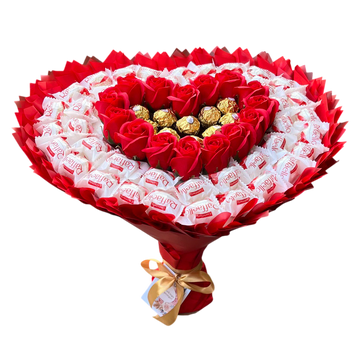 Prezent na 40 50 55 65 Urodziny DUŻY MEGA BUKIET dla kobiety mamy w kształcie serca z cukierkami Raffaello i Ferrero Rocher (rozmiar serca 45 cm * 38 cm)