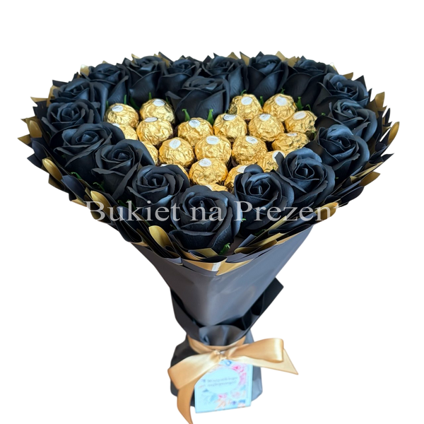 Prezent na 18 20 Urodziny lub Rocznicę Ślubu, Imeniny, Ślub, Wesele. Słodki bukiet w kształcie serca CZARNY I ZŁOTY z cukierkami Ferrero Rocher i 18 szt mydlanych r&oacute;ż.