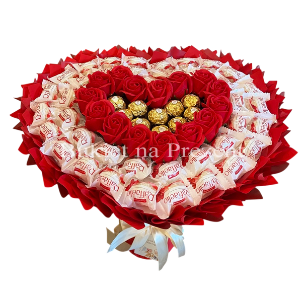 Prezent na 40 50 55 65 Urodziny DUŻY MEGA BUKIET dla kobiety mamy w kształcie serca z cukierkami Raffaello i Ferrero Rocher (rozmiar serca 45 cm * 38 cm)