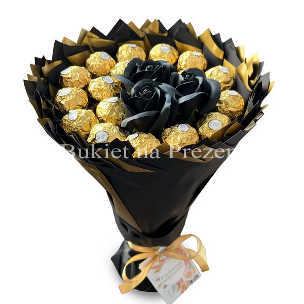 Солодкий букет з Ferrero Rocher 18 шт. та троянд 3шт. Подарунок на 18-річчя, Іменини, Весілля bgs032 czarny i złoty (3 róże) фото