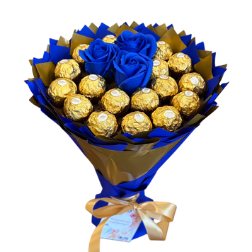 Сладкий букет из Ferrero Rocher 18 шт. и роз 3шт. Подарок на 18-й день рождения, именины, свадьбу bgs032 granatowy i złoty (3 r&oacute;że) фото