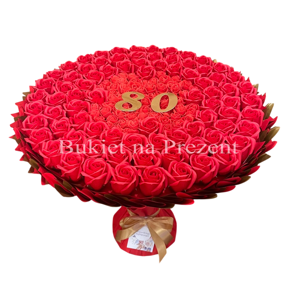 Prezent na 80 Urodziny lub Rocznicę Ślubu, Ślub, Wesele. Bukiet mydlany kwiaty mydlane r&oacute;że 80 szt. Dla Mamy Zony Kobiety Babci