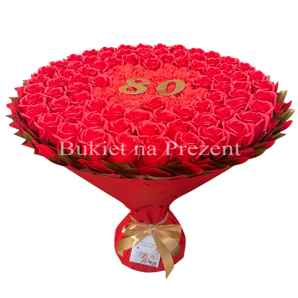 Prezent na 80 Urodziny lub Rocznicę Ślubu, Ślub, Wesele. Bukiet mydlany kwiaty mydlane r&oacute;że 80 szt. Dla Mamy Zony Kobiety Babci