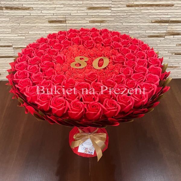 Prezent na 80 Urodziny lub Rocznicę Ślubu, Ślub, Wesele. Bukiet mydlany kwiaty mydlane r&oacute;że 80 szt. Dla Mamy Zony Kobiety Babci
