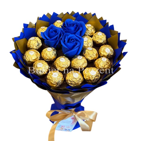 Сладкий букет из Ferrero Rocher 18 шт. и роз 3шт. Подарок на 18-й день рождения, именины, свадьбу bgs032 granatowy i złoty (3 r&oacute;że) фото