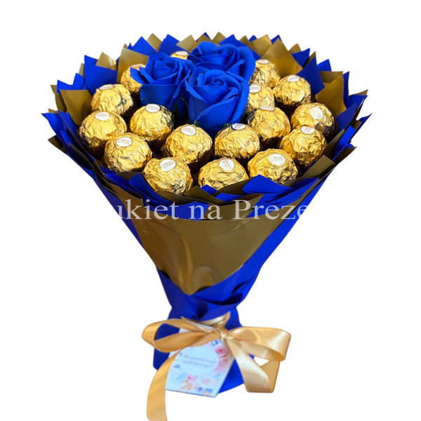 Сладкий букет из Ferrero Rocher 18 шт. и роз 3шт. Подарок на 18-й день рождения, именины, свадьбу bgs032 granatowy i złoty (3 r&oacute;że) фото