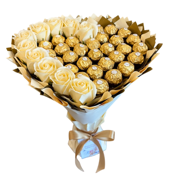 Сладкий букет в форме сердца бежево-золотой с конфетами Ferrero Rocher 30 шт и мыльных роз 10шт. Подарок на 40 30 10 лет bgs044 beżowy i złoty serce фото