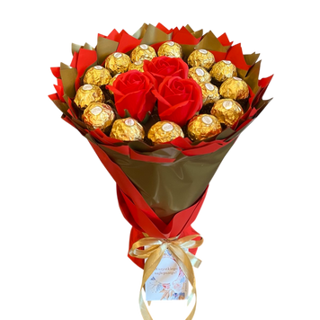 Сладкий букет из Ferrero Rocher 18 шт. и роз 3шт. Подарок на 18-й день рождения, именины, свадьбу bgs032 czerwony i złoty фото