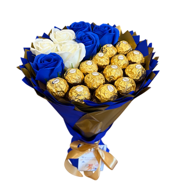 Сладкий съедобный букет сине-золотой с конфетами Ferrero Rocher и 7 мыльных роз (диаметр 20 см) bgs033 niebieski i złoty (7 r&oacute;ż) фото