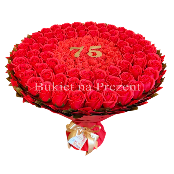Prezent na 75 Urodziny lub Rocznicę Ślubu, Ślub, Wesele. Bukiet mydlany kwiaty mydlane r&oacute;że 75 szt. Dla Mamy Zony Kobiety Babci