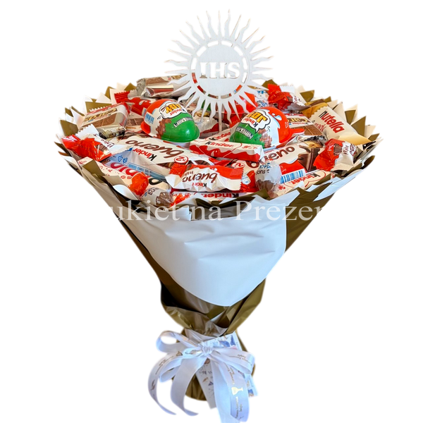Słodki bukiet biały i złoty na urodziny ze slodyczy Kinder. Prezent Komunia (średnica 30 cm). Komunia