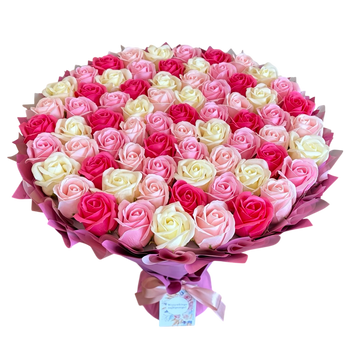 BUKIET 101 R&Oacute;Ż MYDLANYCH R&Oacute;ŻOWY MIX DLA DZIEWCZYNY KOBIETY DUŻY MEGA PREZENT NA URODZINY ROCZNICĘ ŚLUBU PREMIUM Z DOSTAWĄ FLOWER BOX mydlany kwiaty mydlane r&oacute;że