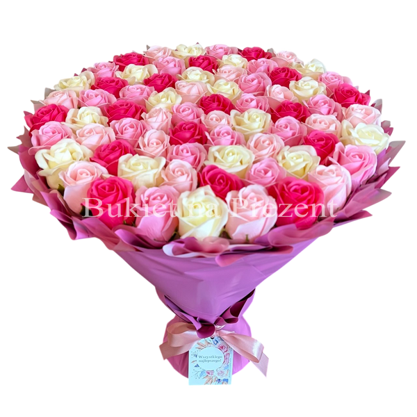 BUKIET 101 R&Oacute;Ż MYDLANYCH R&Oacute;ŻOWY MIX DLA DZIEWCZYNY KOBIETY DUŻY MEGA PREZENT NA URODZINY ROCZNICĘ ŚLUBU PREMIUM Z DOSTAWĄ FLOWER BOX mydlany kwiaty mydlane r&oacute;że