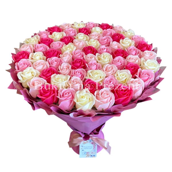 BUKIET 101 R&Oacute;Ż MYDLANYCH R&Oacute;ŻOWY MIX DLA DZIEWCZYNY KOBIETY DUŻY MEGA PREZENT NA URODZINY ROCZNICĘ ŚLUBU PREMIUM Z DOSTAWĄ FLOWER BOX mydlany kwiaty mydlane r&oacute;że