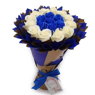 Bukiet mydlany niebieski i złoty kwiaty mydlane róże (18 szt) Prezent na 18 urodziny