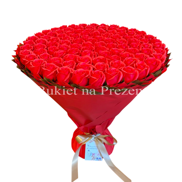 BUKIET 101 CZERWONYCH R&Oacute;Ż MYDLANYCH DLA DZIEWCZYNY KOBIETY DUŻY MEGA PREZENT NA URODZINY ROCZNICĘ ŚLUBU PREMIUM FLOWER BOX mydlany kwiaty mydlane r&oacute;że