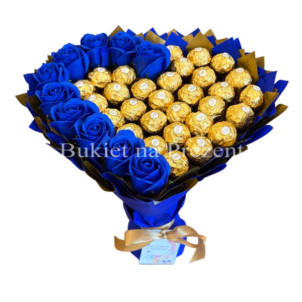 Prezent na 40 30 Urodziny lub Rocznicę Ślubu, Imeniny, Ślub, Wesele. Słodki bukiet w kształcie serca GRANATOWY I ZŁOTY z cukierkami Ferrero Rocher 30 szt i mydlanych r&oacute;ż 10 szt.