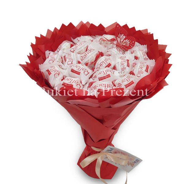 Słodki jadalny bukiet czerwony z cukierkami Raffaello (średnica 20 cm)