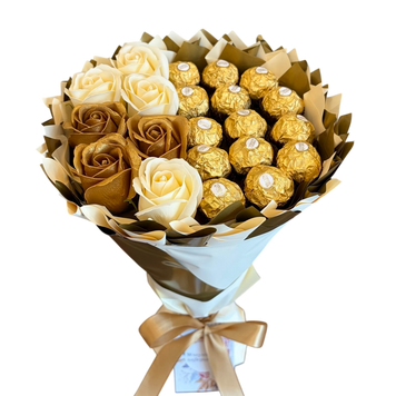 Сладкий съедобный букет бежево-золотой с конфетами Ferrero Rocher и 7 мыльных роз (диаметр 20 см) bgs033 beżowy i złoty фото