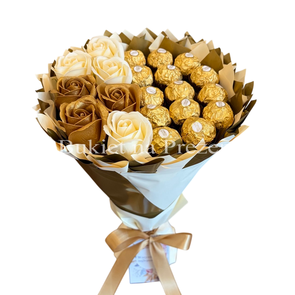 Сладкий съедобный букет бежево-золотой с конфетами Ferrero Rocher и 7 мыльных роз (диаметр 20 см) bgs033 beżowy i złoty фото