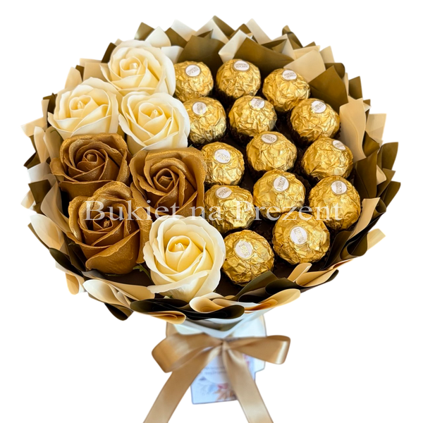 Сладкий съедобный букет бежево-золотой с конфетами Ferrero Rocher и 7 мыльных роз (диаметр 20 см) bgs033 beżowy i złoty фото