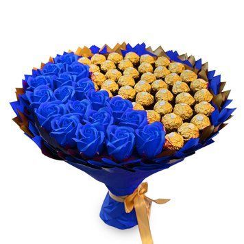 Сладкий съедобный букет красно-золотой с конфетами Ferrero Rocher 42 шт и 18 шт мыльных роз Подарок на 60 лет bgs036 granatowy i złoty (42+18r&oacute;ż / f33) фото