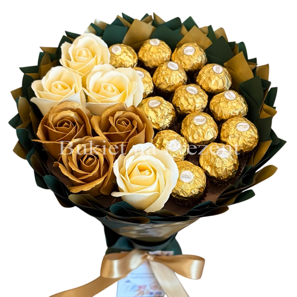 Сладкий съедобный букет зелено-золотой с конфетами Ferrero Rocher и 7 мыльных роз (диаметр 20 см) bgs033 zielony i złoty фото