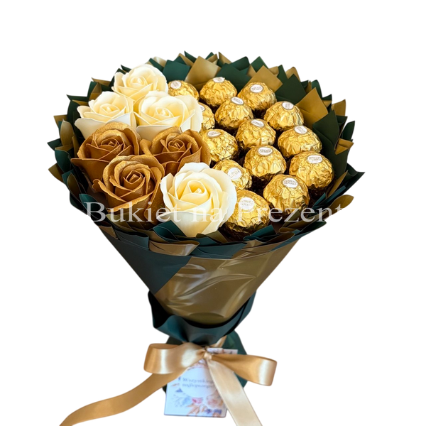 Сладкий съедобный букет зелено-золотой с конфетами Ferrero Rocher и 7 мыльных роз (диаметр 20 см) bgs033 zielony i złoty фото