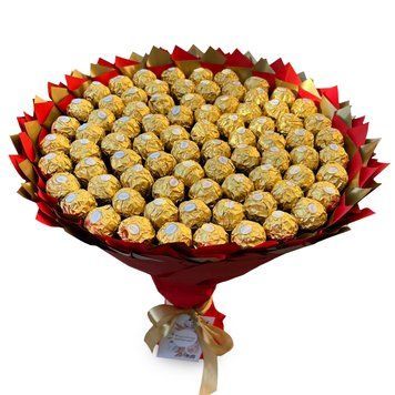 Подарок на 80-летие сладкий букет из конфет Ferrero Rocher (80 конфет) bgs042 (80 szt / f33) czerwony i złoty фото