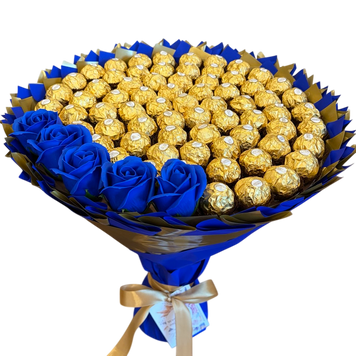Подарок на 70-летие сладкий букет из конфет Ferrero Rocher 70 шт и мыльных роз bgs048 (70+5 / f33) granatowy фото