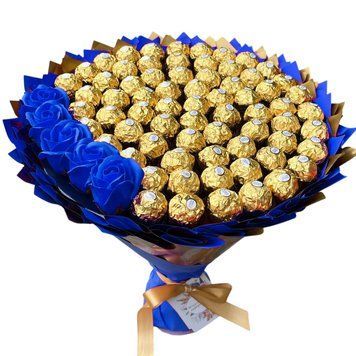 Подарок на 70-летие сладкий букет из конфет Ferrero Rocher 70 шт и мыльных роз bgs048 (70+5 / f33) granatowy фото