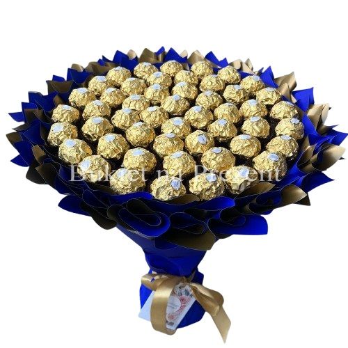 Подарок на 50-летие сладкий букет из конфет Ferrero Rocher (50 конфет) bgs043 (ф=29) (50 szt) niebieski i złoty фото