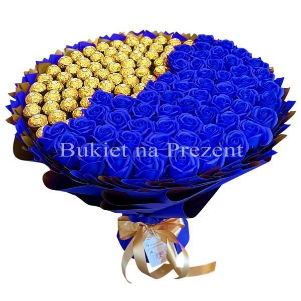 Солодкий їстівний червоно-золотий Мега Дужий Букет з Ferrero Rocher та 60 шт мильних троянд. Подарунок на 60 років bgs052 granatowy (f48 / 60+60) фото