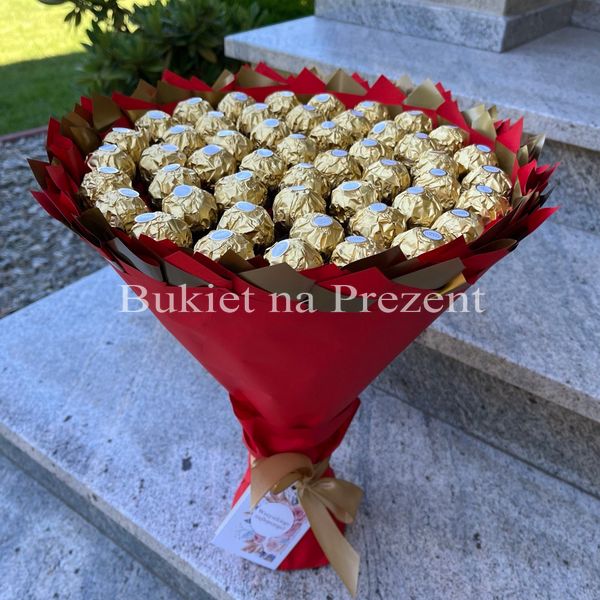 Подарунок на 50-річний ювілей солодкий букет з цукерок Ferrero RocherRaffaello (50 цукерок)  bgs043 (ф=29) (50 szt) czerwony i złoty фото